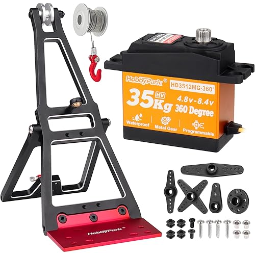 Hobbypark 360 Waterproof 35KG RC Winch Servo & Tow Truck Crane Kit Stent Rescue Set Aluminum for 1/10 SCX10 TRX4 RC Crawler and Trailer RC Upgrades Parts (w/Black Bracket Mounting)