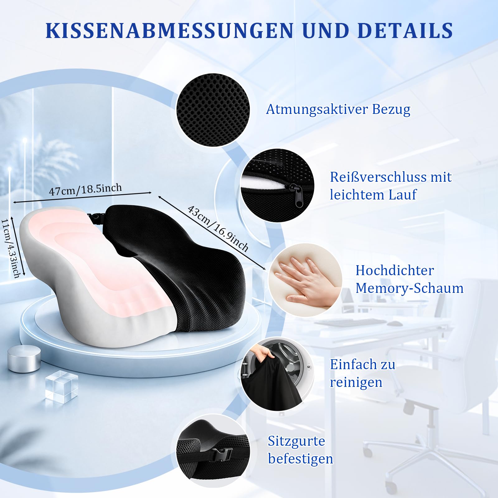 Cuscino ortopedico in memory foam, cuscino ergonomico per emorroidi, per auto, sedia a rotelle, ufficio, per alleviare il dolore al coccige, nero
