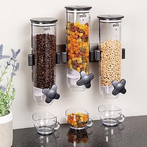 Miniatura 2 de Dispensador giratorio de alimentos, caja de almacenamiento de granos, dispensador de cereales montado en la pared de tres barriles con interruptor