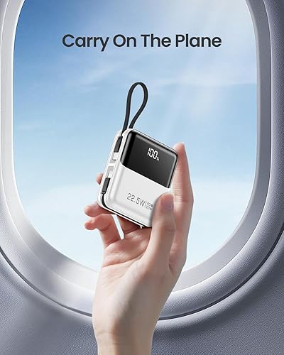 Miniatura 6 de Pequeño cargador portátil con cable integrado, pantalla LED inteligente de 10000 mAh, mini banco de energía, entrada USB C, entrada y salida de