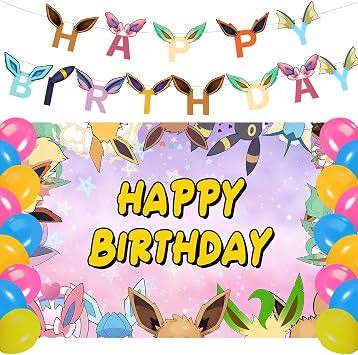 Cartoon Animation Birthday Party Backdrop,Evolutions Decor Supplies Include Happy Birthday Banner,Backdrop,Latex Balloon