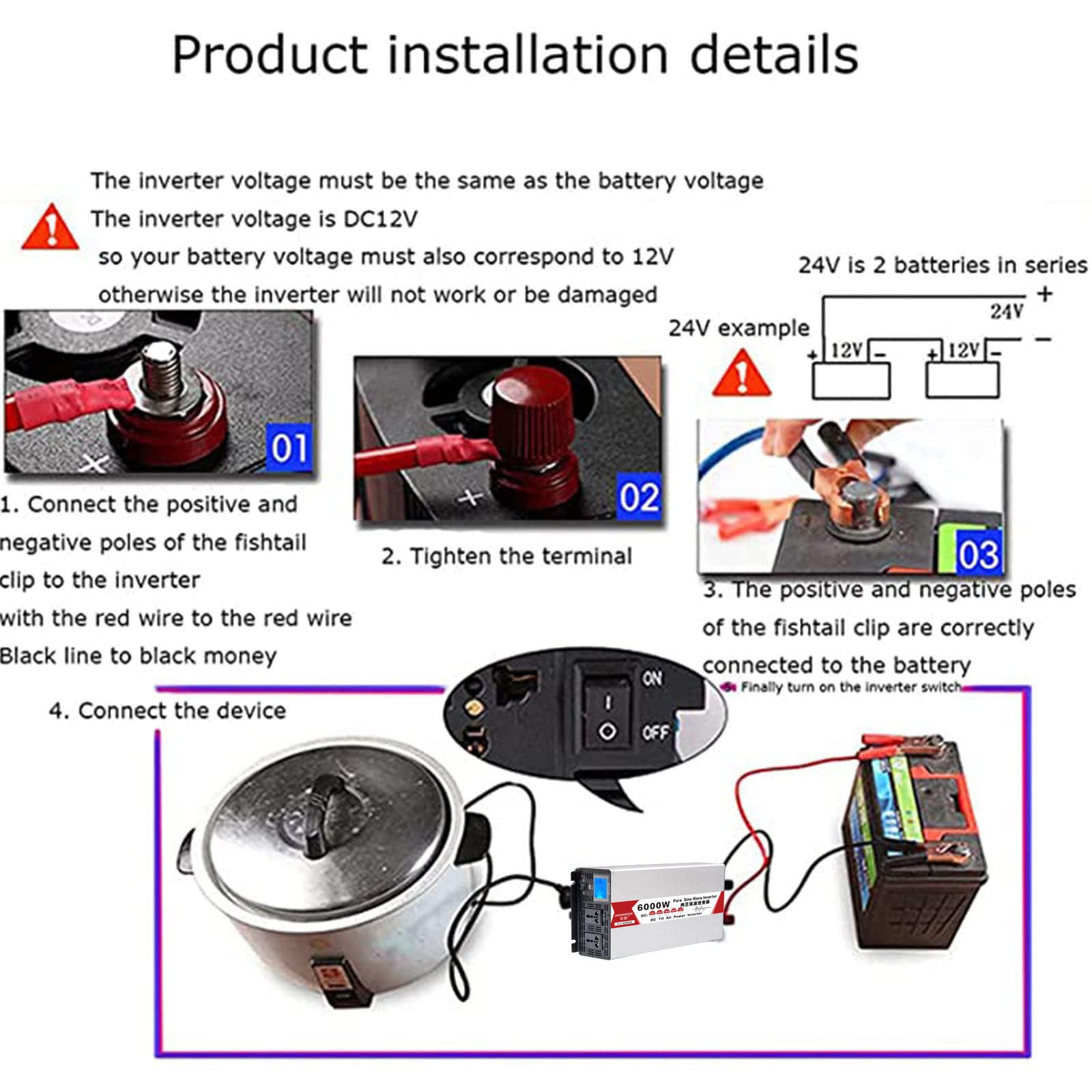 BONAD 4000W 5000W 6000W 8000W Puro Inverter A Onda Sinusoidale 12V 24V 48V 60V Dc A 110V / 220V AC Convertitore,Applicabile alla Famiglia,RV,Camion,Inverter Solare off-Gridi,6000W-12Vto110V