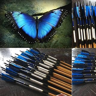 Wooden Archery Arrow for Recurve Bow Or Longbow and Compound Bow Medieval Traditional Archery with Blue Black Turkey Feather, 50-70# Spine Weight 28 Inches for Archer (Pack of 12)
