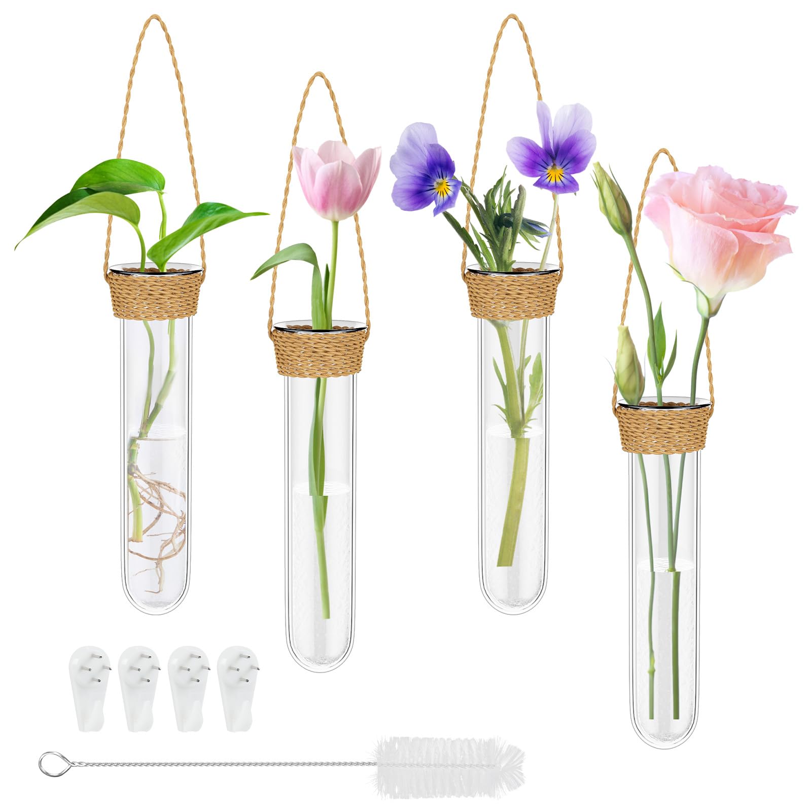 Deko Reagenzglas Vase, Kreativer Glas Hängevase, 4 Stück Reagenzgläser für Blumen, Kleine Wandvase Fensterdeko, Hängend Wandvasen mit Haken und Reinigungsbürste, Hängevase für Hydrokultur Pflanzen
