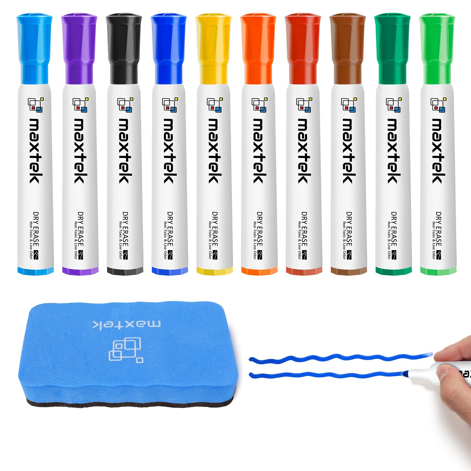 maxtek Whiteboard Pens with Magnetic Eraser, 10 Colours White board Markers Erasable, Bullet Tip 2-3mm Lines, Low Odour Dry Wipe pens for School Office Home (Pack of 11)