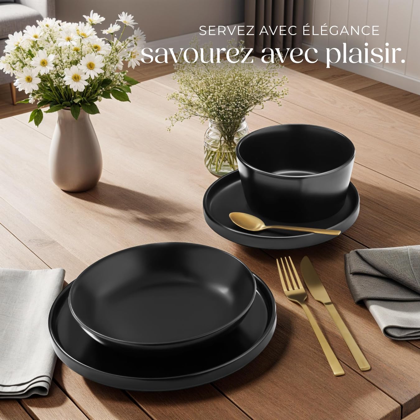 tectake® Service de table 6 personnes Service vaisselle et arts de la table 24p. avec 6x Assiettes creuses 6x assiettes plates 6x assiette à dessert 6x bols petit déjeuner Coupelle soupe Lot assiette