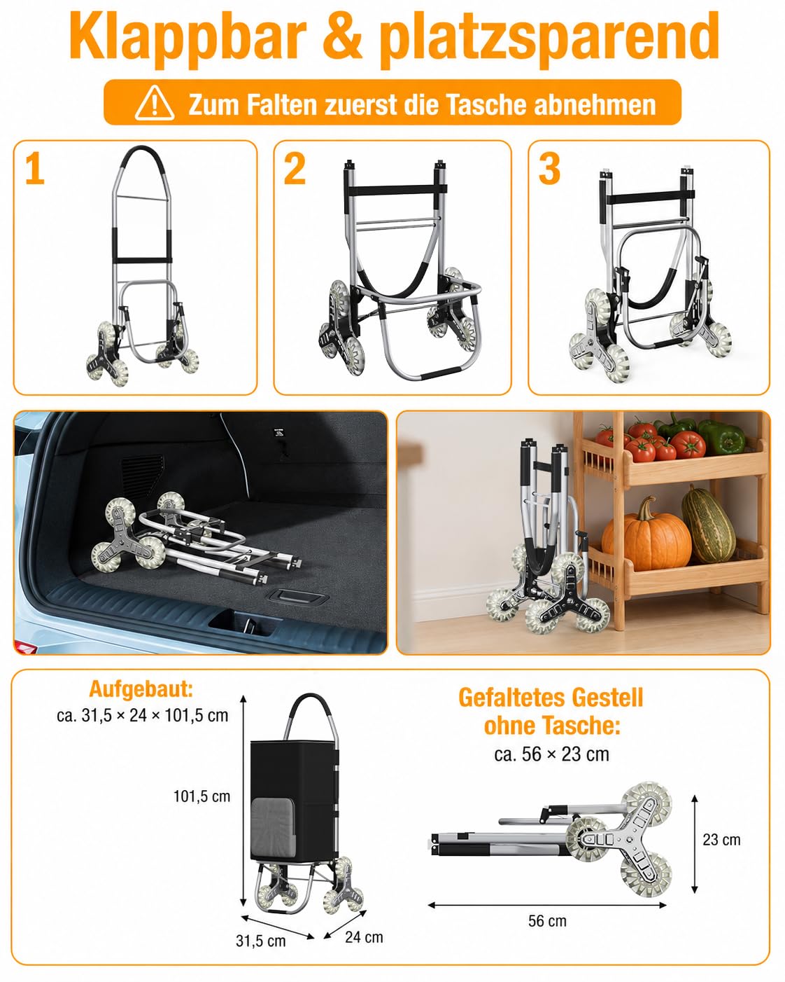 DROMEZ Einkaufstrolley Treppensteiger 50L mit Kuehlfach, klappbarer Hackenporsche mit 6 Rollen, Einkaufswagen faltbar aus Aluminium, abnehmbare Oxford-Tasche, bis 50 kg, Schwarz/Grau