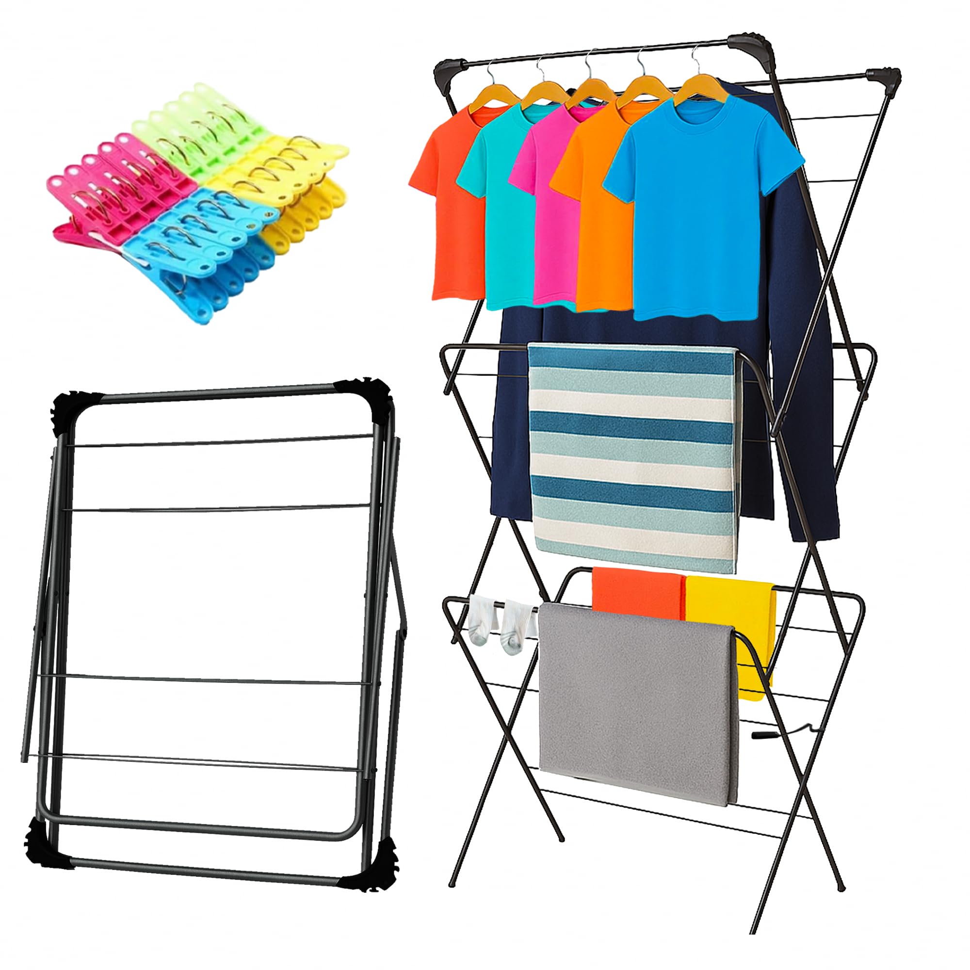 URCHOICE 3 Tier Clothes Airer Drying Rack - Space-Saving Laundry Drying Airer - Indoor & Outdoor Home Storage Solution with Free 20 Pegs - Black