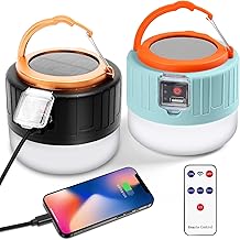 Flintronic Pack of 2 Camping Lamps, Solar LED Camping Lantern, USB Rechargeable with Remote Control, 5 Brightness SOS Light Modes with Power Bank, Emergency Set for Outdoor Hiking Camping Emergency