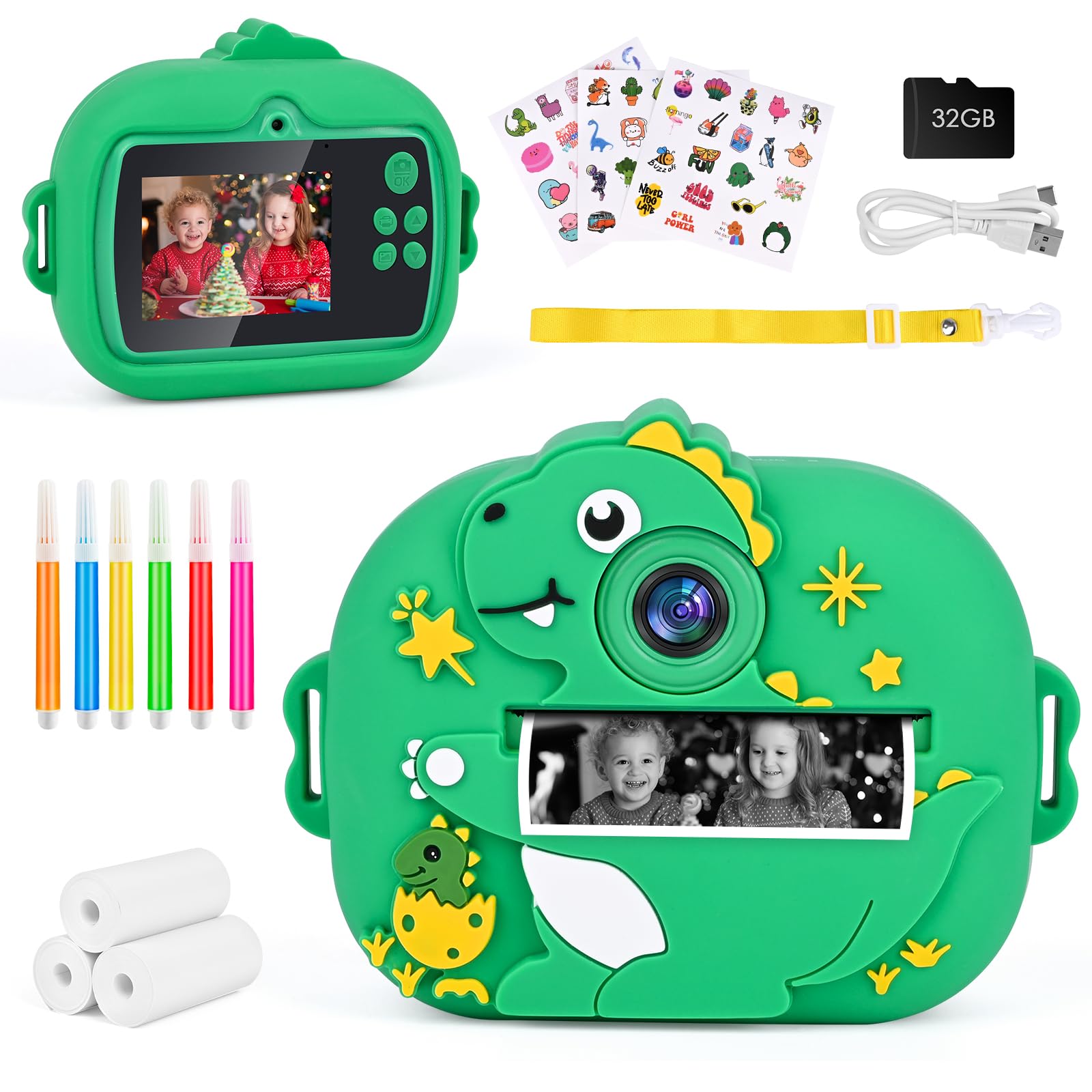 Camara Fotos Infantil Instantanea, Ambesty Camara Fotos Infantil, 2.4" HD Cámara Instantánea con Tarjeta 32GB y Papel de Impresión, 1080P HD Video Cámara, Regalos para Niños y Niñas de 3-12 (Verde)