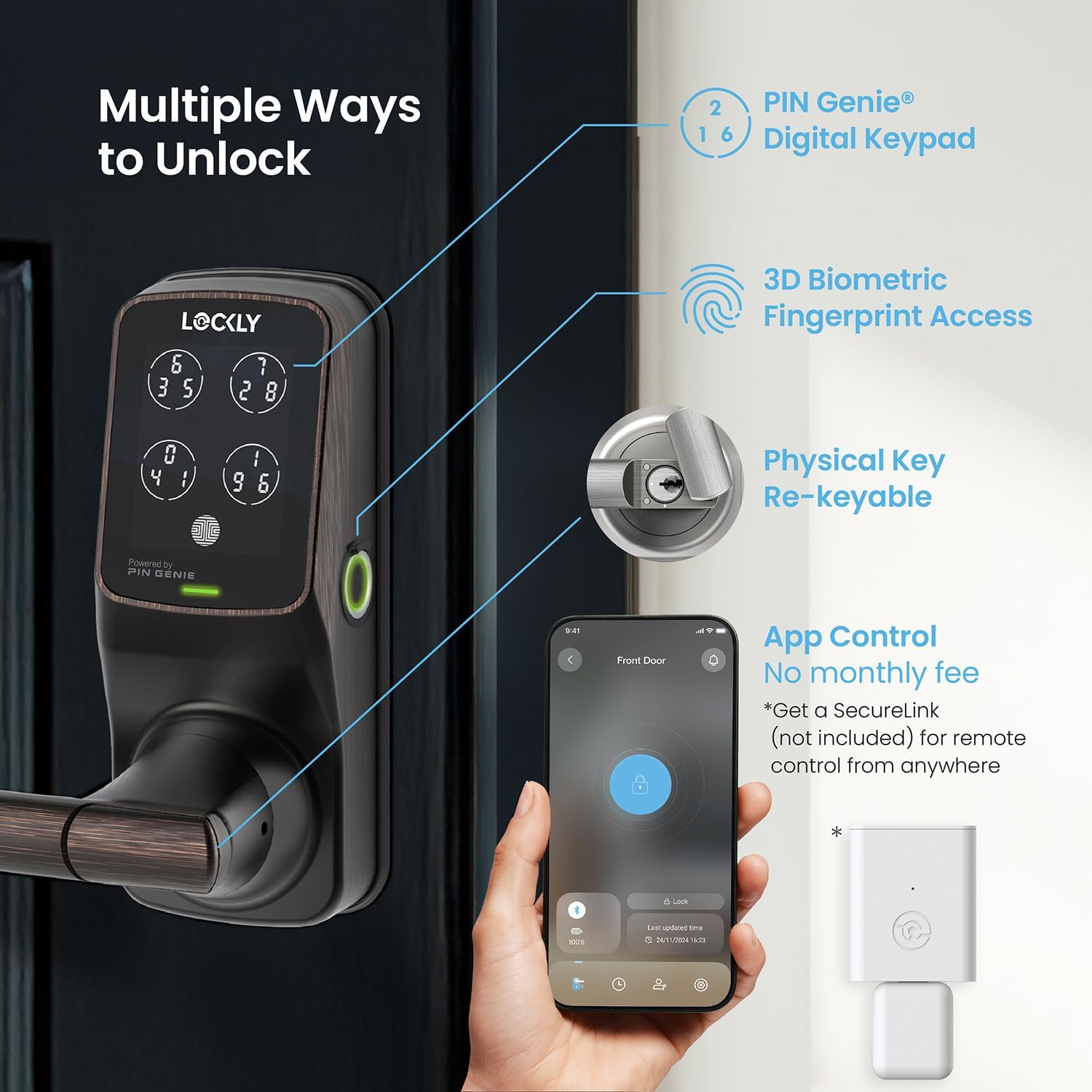 Lockly Secure Plus Bluetooth Smart Door Lock, Keyless Entry with PIN Genie® Digital Keypad, 3D Biometric Fingerprint Sensor Front Door Lock with Handle, Voice Control & Auto Lock - Latch Edition