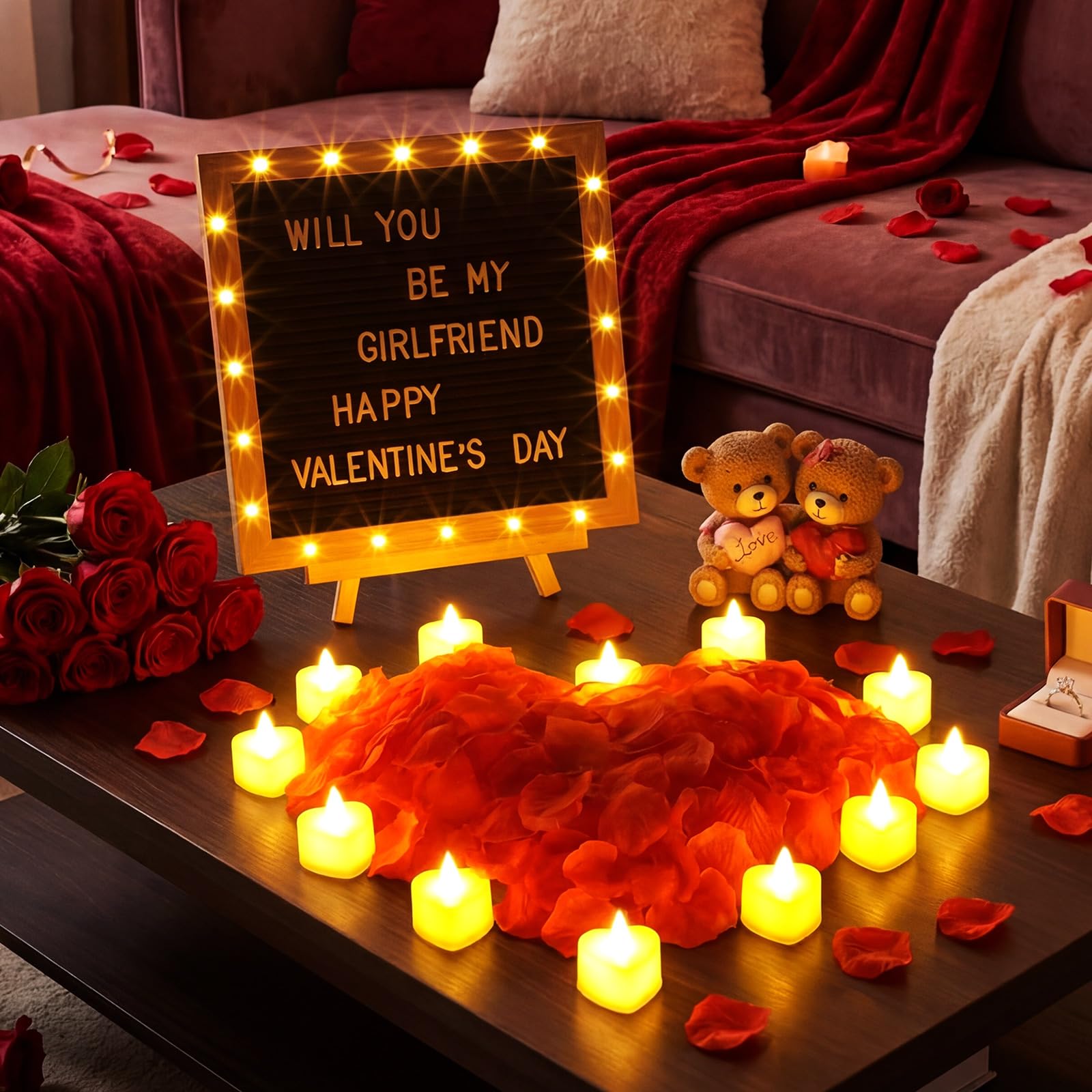 Ceenna Romantische Nacht Geschenkset Schwarz Will You Be My Girlfriend Schild Brief Board Künstliche Rosenblätter LED Kerzen Buchstaben Symbole für Valentinstag Jubiläum Geburtstag Hochzeit