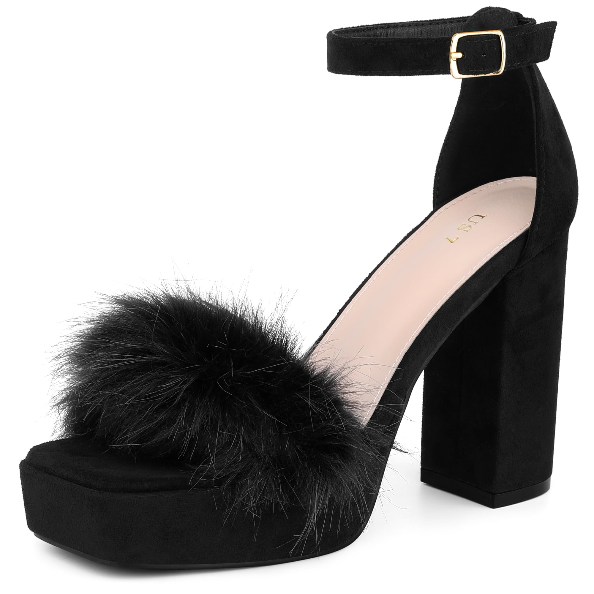 Allegra K Women's Square Toe Faux Fur Platform Chunky Heels Sandals