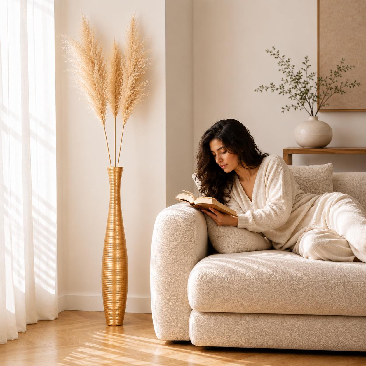 Leewadee Jarrón de Suelo Grande 85 cm Madera de Mango Pampa & Flores Secas | Jarrón Deco para Salón, para Ramas & Hierbas Secas. Más resistente que la Cerámica, sin Agua. Boho