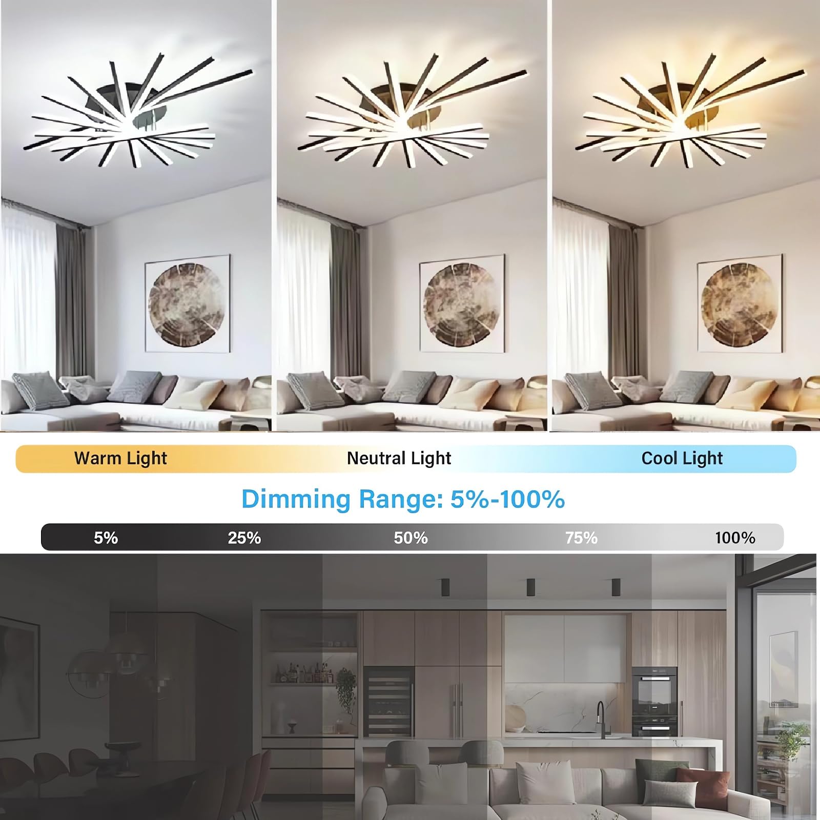 Plafones 7/9 cabezas Negro Y Oro Led Plafones Flush Mount Lámpara de Techo Blanco Regulable con Mando a Distancia para Dormitorio Salón Oficina (Oro, 120CM)