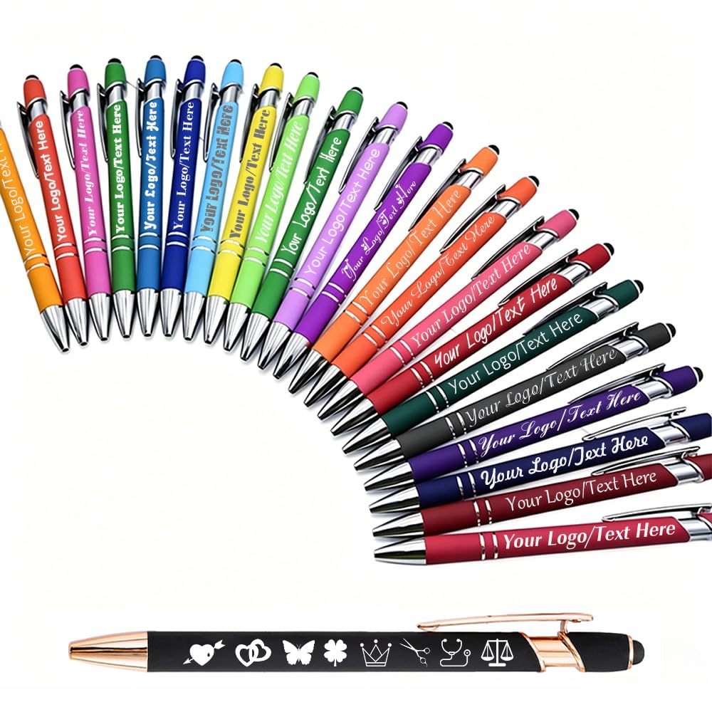 HKY HKOYI Bulk Custom Pens with Name Logo, 1-500 PCS Personalized Ballpoint Pens Black Blue Ink Pen,Engraved Metal Ballpoint with Stylus,Customized Pens for Business Event Party (Yellow (Rose),30)