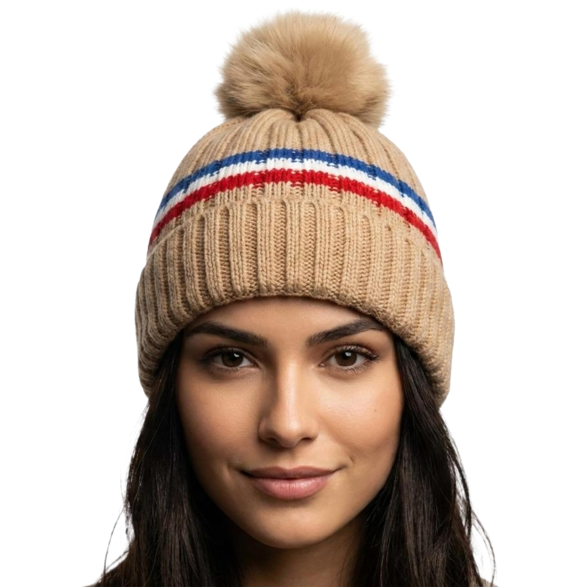 Winter Cap for Women and Girls | Soft Stretch Knit Woolen Beanie with Fluffy Faux Fur Pom-Pom | Striped Warm Ear Warmer Skull Cap for Snowy Weather, Casual Outings & Travel-image-17