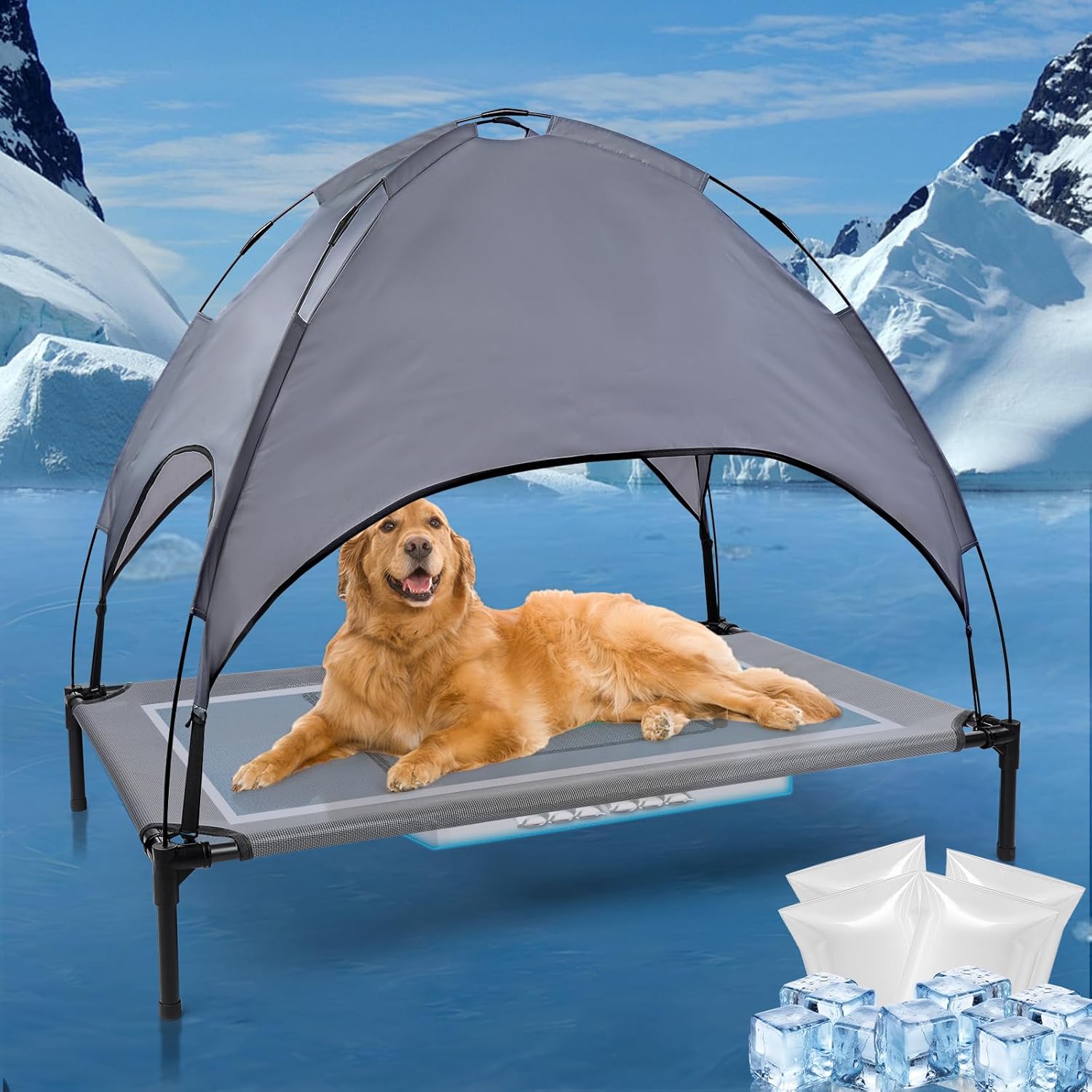 42'' Outdoor Elevated Dog Bed with Canopy, Raised Dogs Bed Medium Large Size Dogs with Six Support Feet, Breathable Cooling Dog Cot Beds Outdoor Dog Hammock Bed,Outside Pet Bed with 4 Ice Pack(Medium)