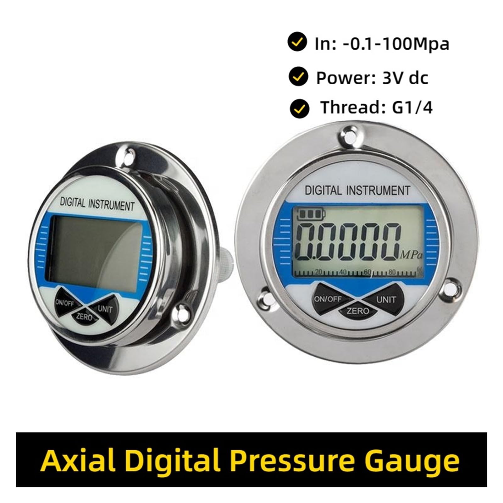 Manómetro Digital de vacío hidráulico 0-1000bar, conector macho Axial G 1/4, manómetro agua, Gas y aceite, 4'' Fácil de instalar | 100mm dial diameter,0-4Mpa