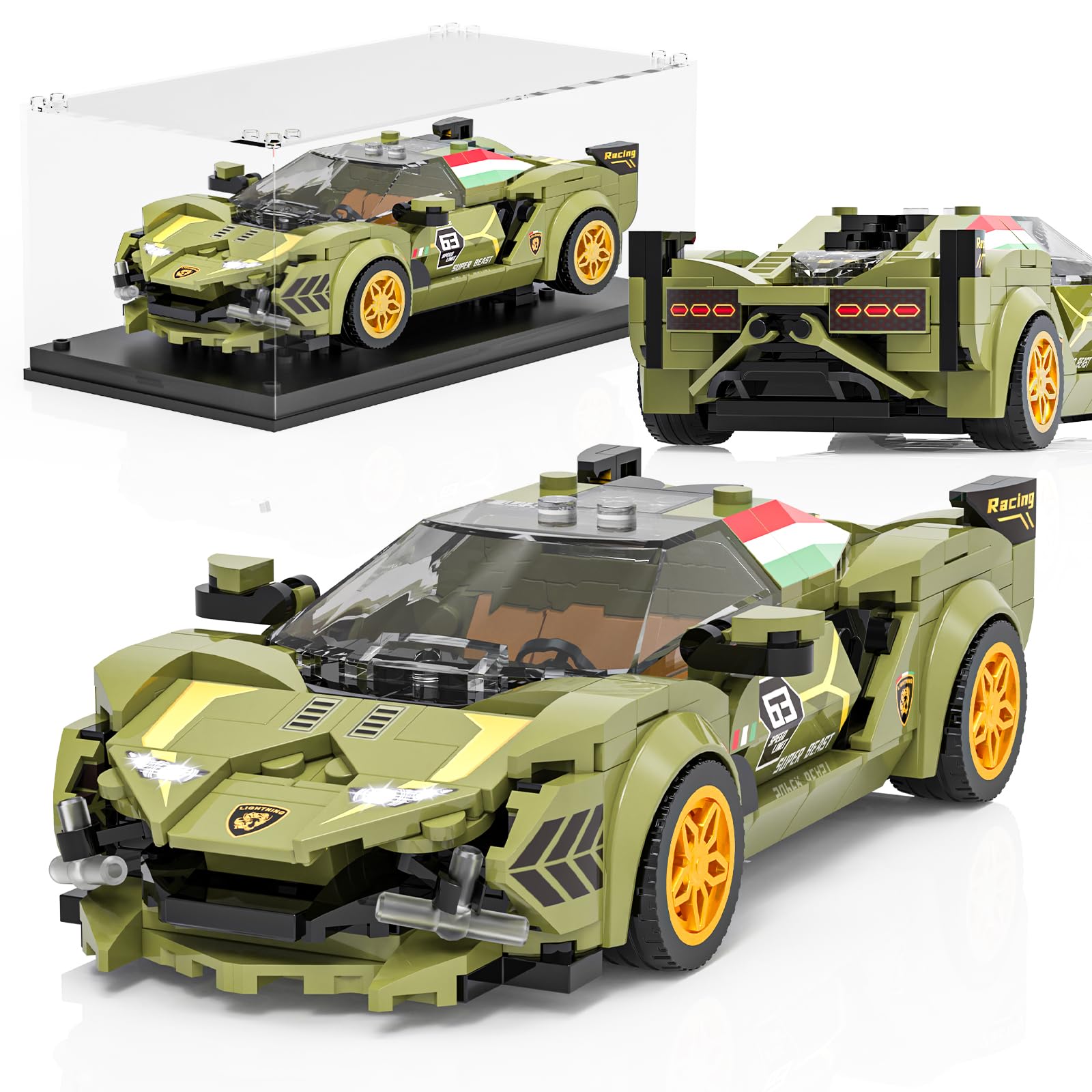 Mould King Speed Champion Auto Serie mit Acrylvitrine, Technische Bausteine 27003 Rennwagen Sportwagen Bauspielzeug, sammelbares Modellauto，Klemmbausteine Rennauto Bausätze für Kinder (364 Teile).