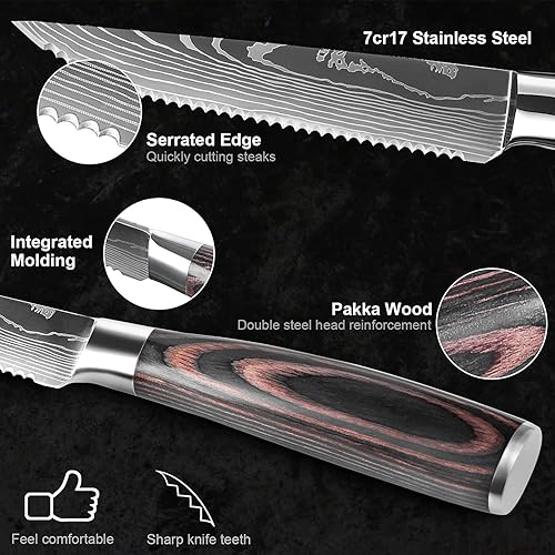 Miniatura 3 de XT XITUO Juego de 6 cuchillos de carne con patrón de damasco de acero inoxidable con mango de madera, cuchillo multiusos para restaurante y mesa