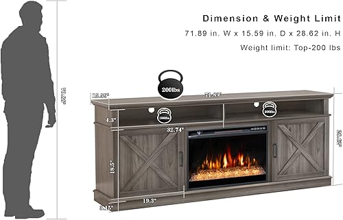 Miniatura 4 de Soporte de TV con chimenea de 72 pulgadas para televisores de hasta 80 pulgadas, centro de entretenimiento con chimenea eléctrica de 26 pulgadas,