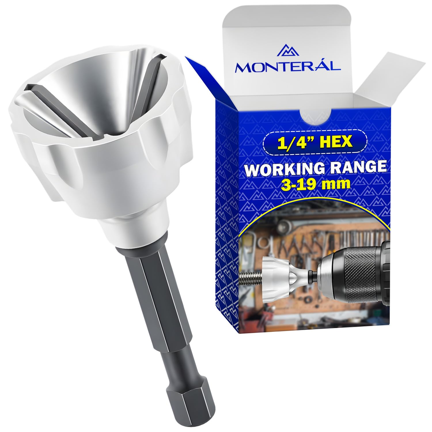 Outil Ébavurage à Chanfreiner Plage 1/4” HEX de Travail 3 mm - 19 mm - Convient pour Acier Inoxydable Acier Trempé le Cuivre le Laiton Aluminium la Fibre de Verre le Bois - MONTERAL