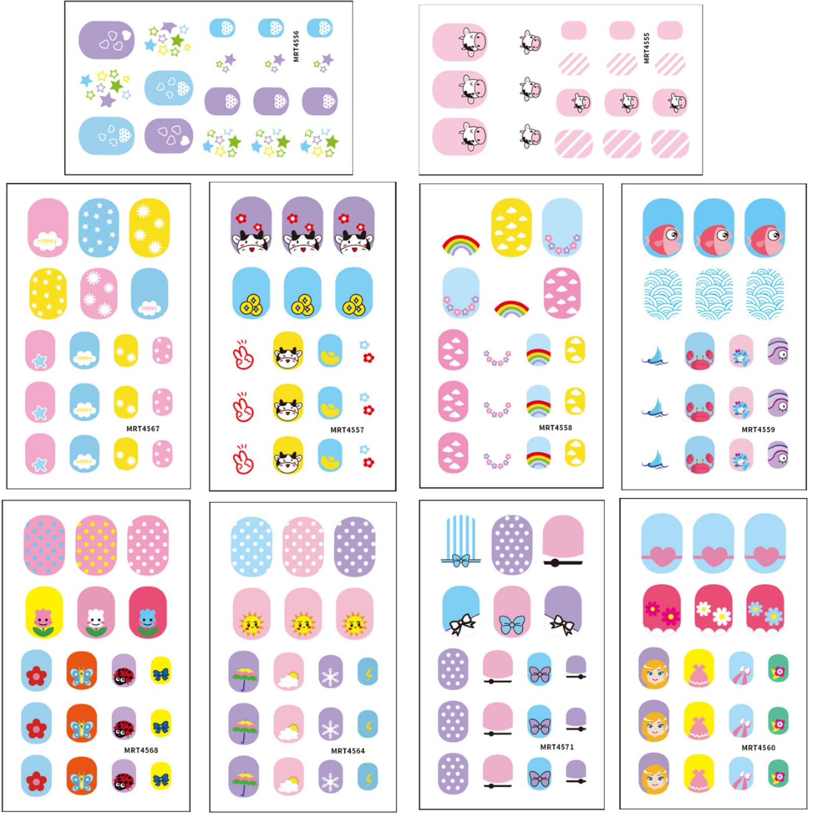 10 Sheets Colorful Kid Nail Stickers Full Nail Wraps for Kids Girls Self Adhesive Nails Strips for Nails Art Decoration Fun Including Fish Rainbow Cow Flower Strawberry Heart Sun for Age 6 and Older