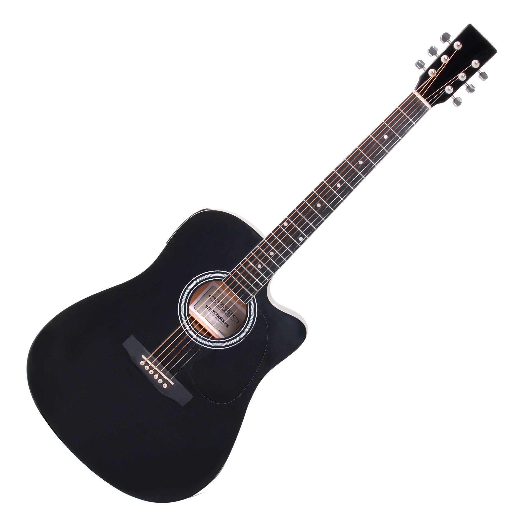 Classic Cantabile WS-10BK-CE Westerngitarre mit Tonabnehmer Starter-Set (Dreadnought-Style, Cutaway, 6 Saiten, 20 Bünde, inkl. Zubehörset, Gitarrentasche, Notenheft, Saiten, Plektren) schwarz