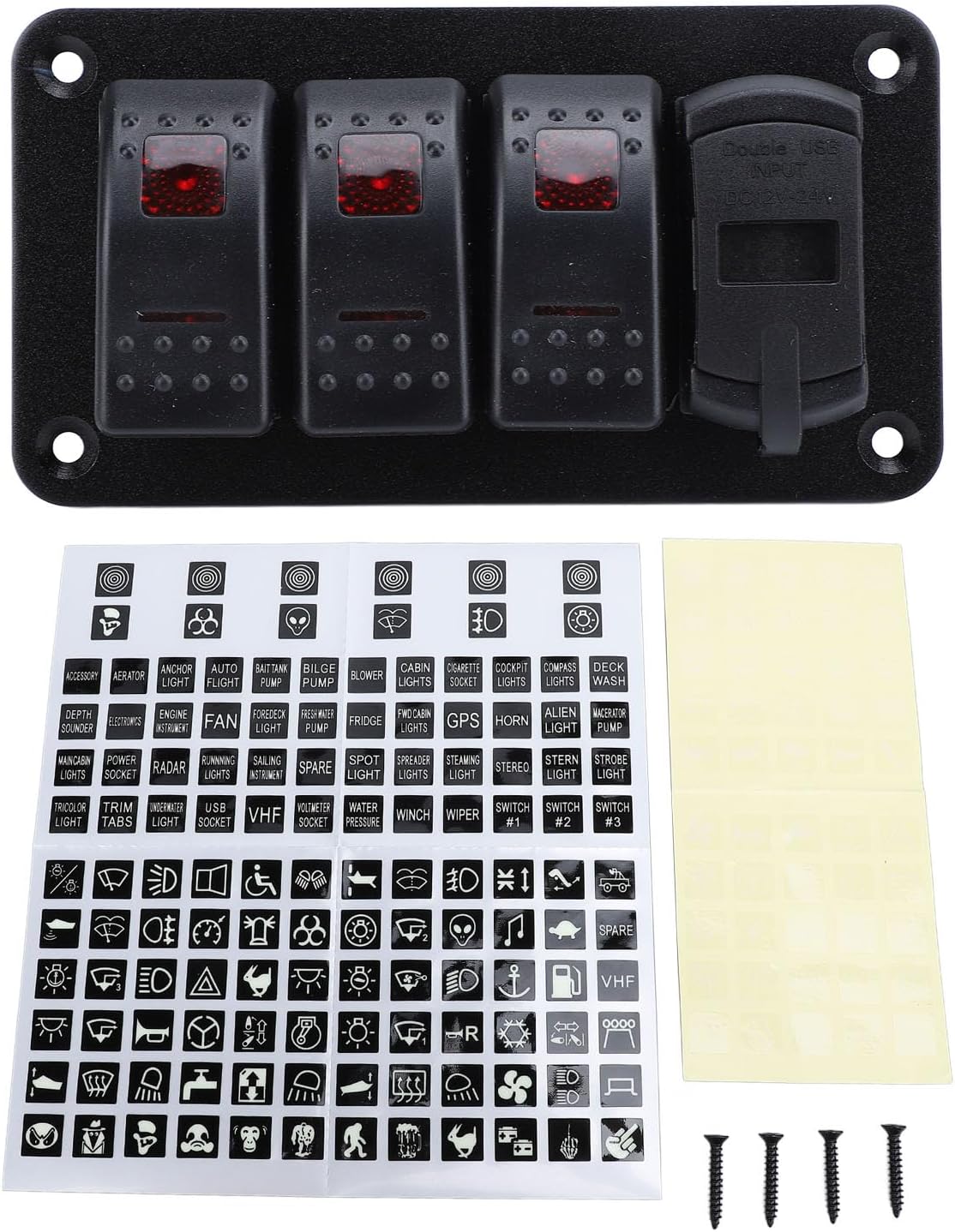 12V 24V 3 Gang Rocker Switch Aluminum Panel with Voltmeter Dual USB Fast Charging Multifuntional Switch Panel for Boat Car Truck (Red Light)