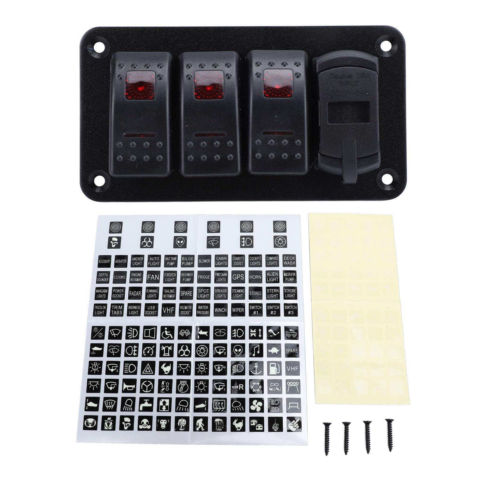 Akozon 3 Gang Rocker Switch Aluminiowy Panel, Morska Ciężarówka łodzi Podwójna ładowarka USB Voltmeter 12V 24 V z Nocnymi Naklejkami, Przykrywki Wodne Niebieska (Czerwone światło)