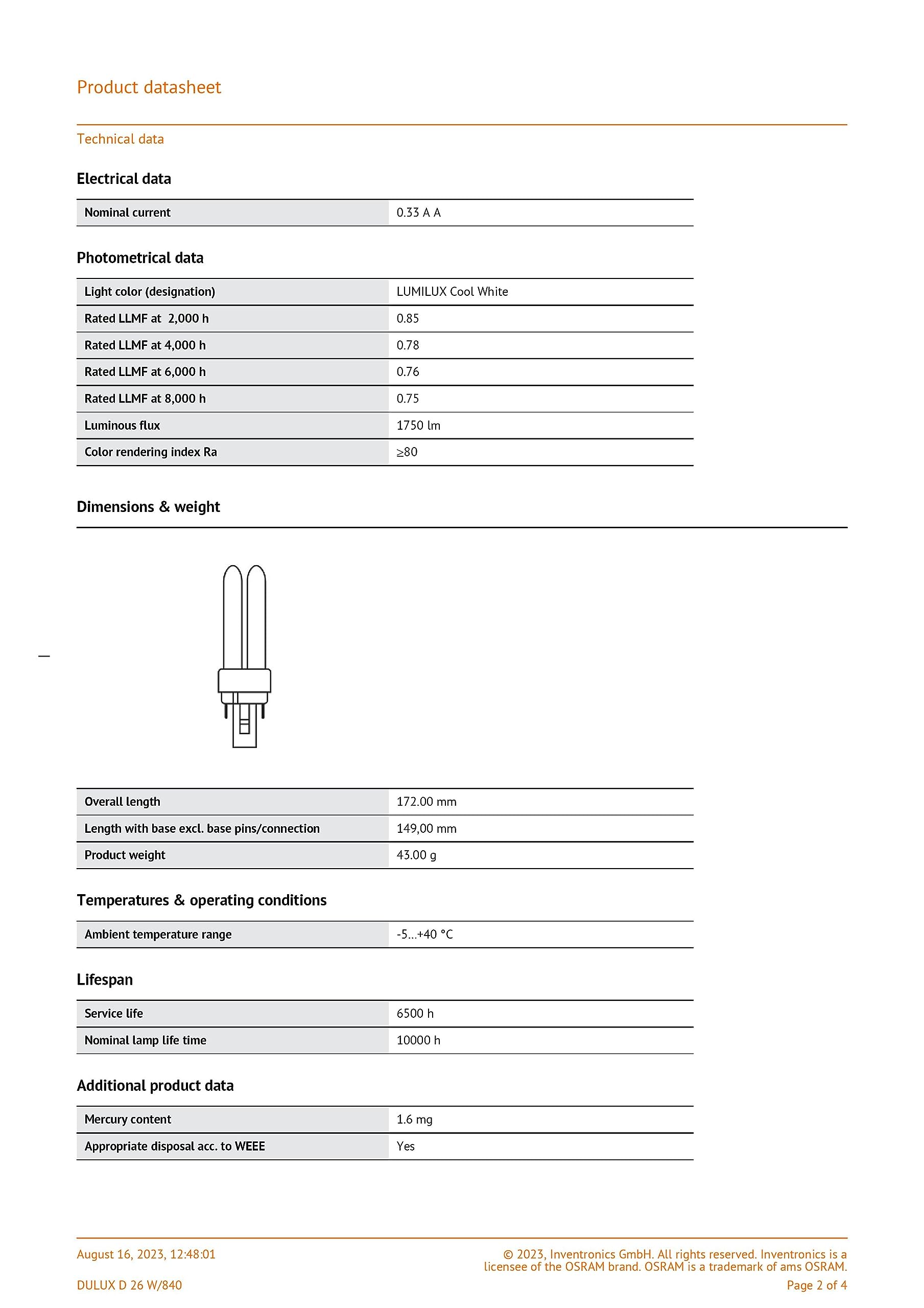 Osram - 10 Articles Dulux D 26 Watt 840 2P G24d-3