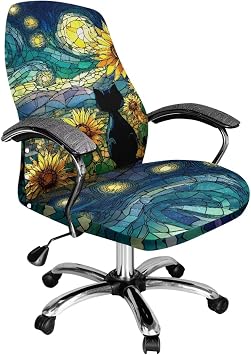 Abstract Sunflower Black Cat Print Office Chair Cover Anti-Dust Chair Protector Cover Washable Computer Chair Slipcover for Rotating Swivel Gaming Chair Decor, Small