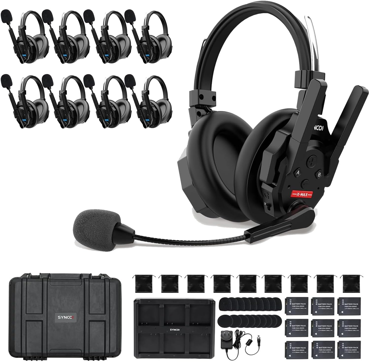 SYNCO XTalk XMax9 Full-Duplex Wireless Intercom System with 2 Double-Ear Headsets (2.4 GHz) Random Master Device Design,1640ft/500m for Team Communication,Movie Shoot,Live Show Stage Performance