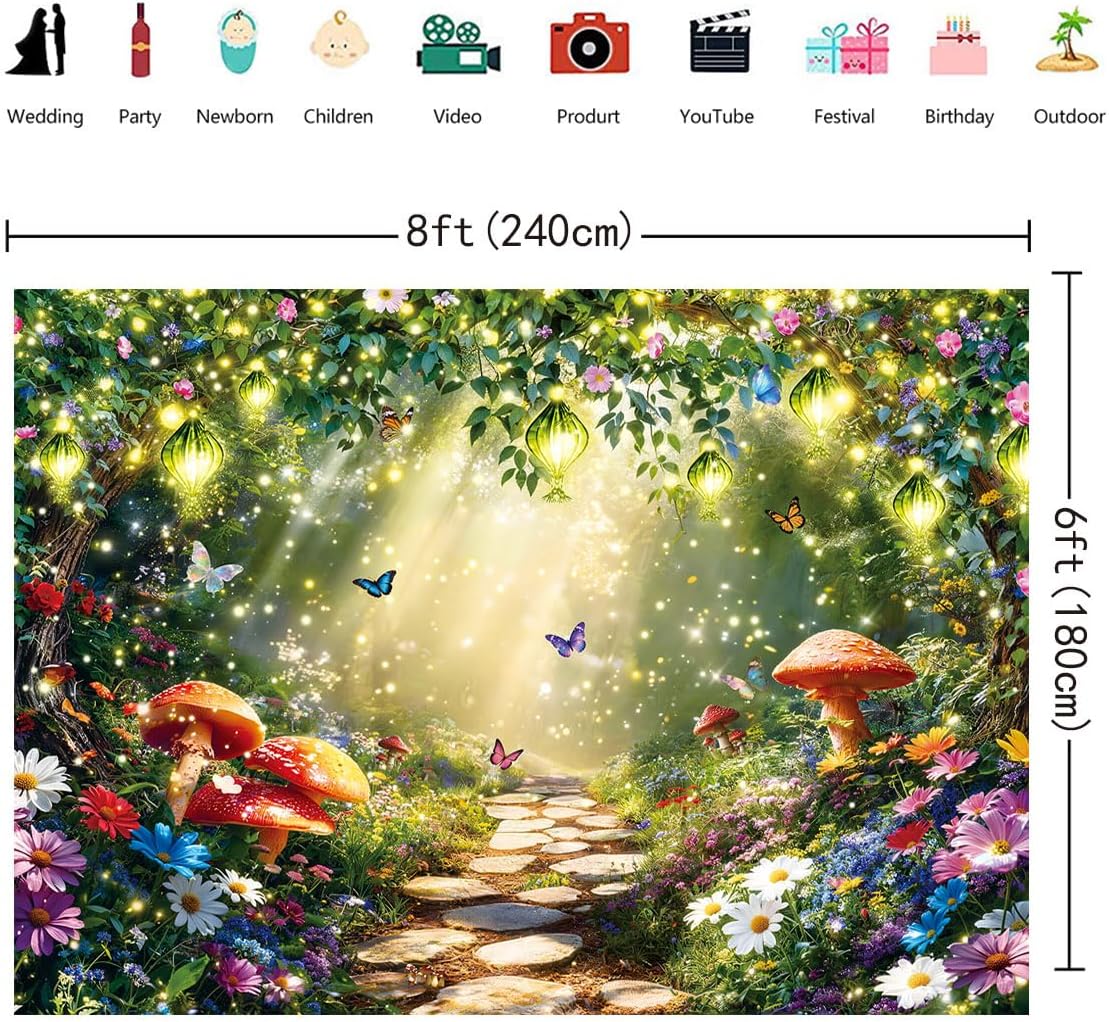 Spring Enchanted Forest Photography Backdrop 8x6FT Garden Floral Butterfly Wonderland Fairy Tale Background Kids Spring Party Decorations Photo Props