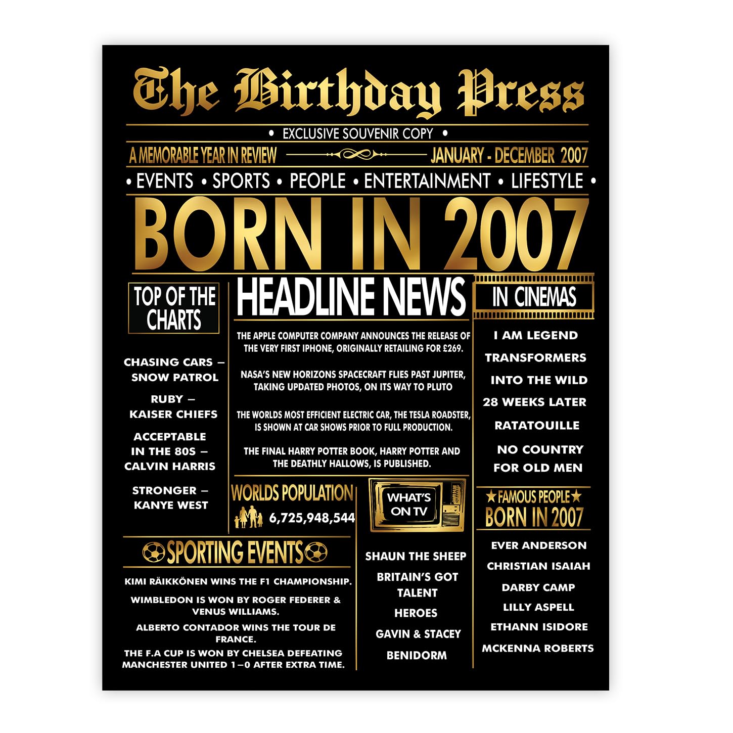 Stuff4 Gold 19th Birthday Poster Unframed - Golden Born In 2007 Newspaper - Happy 19 Birthday for Men Women Retro Vintage Gifts Back In 2007, 8x10 Inch Bday Party Decor Decoration