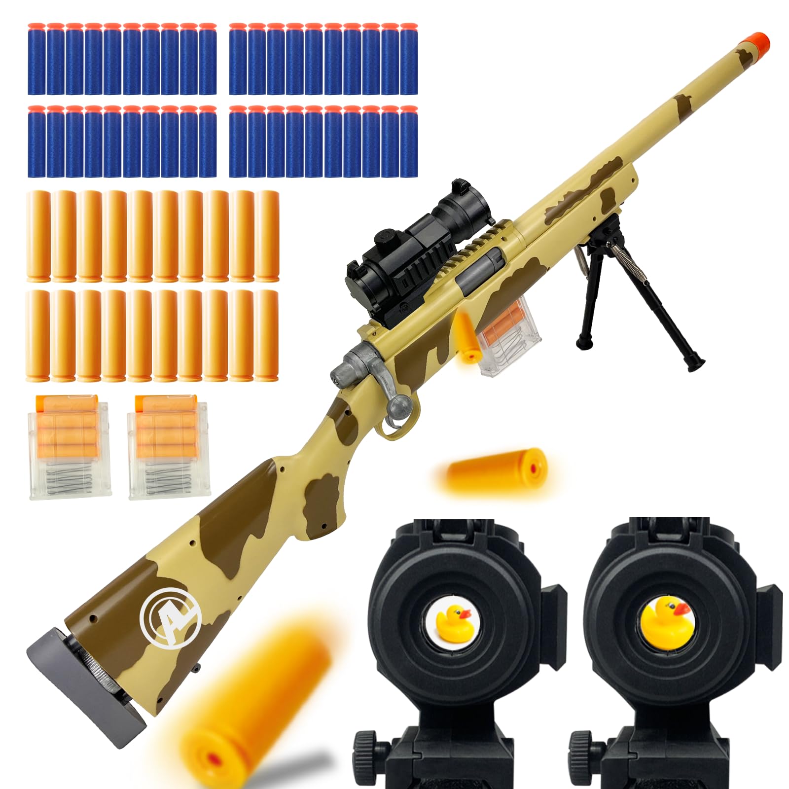 AGM MASTECH M24 Soft Bullet Toy Gun, Empty Shell Ejecting Design, Enhanced Scope, 40 Soft Foam Darts, 20 Shells, 2 Magazines. Outdoor Toys, Toy Dart Blaster for Boys and Girls (Camouflage Yellow)