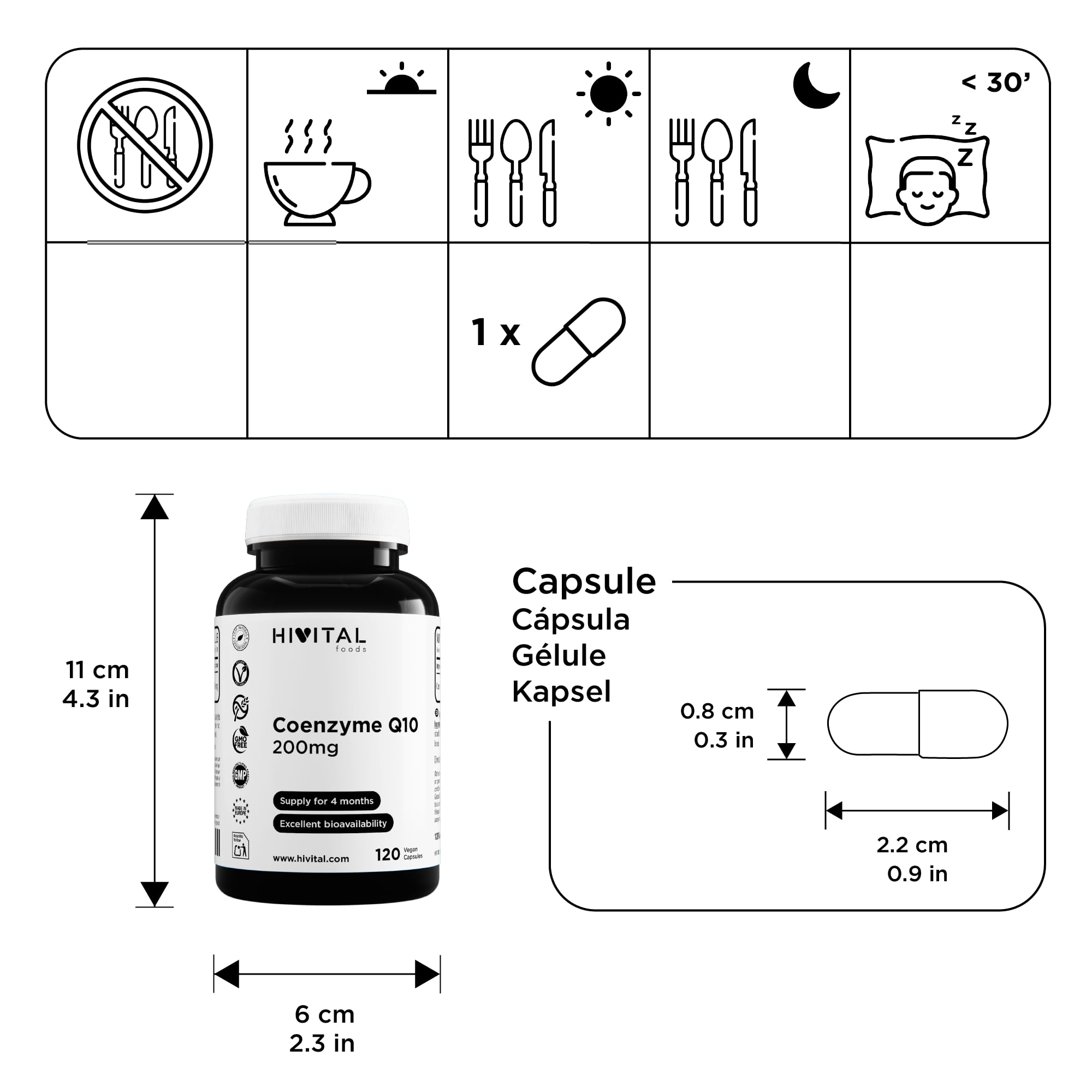 Coenzyme Q10 200 mg. 120 gélules végétaliennes pour 4 mois de traitement. CoQ10 Ubiquinone pure 100% Naturelle obtenue par fermentation. Fabriqué en Europe par HIVITAL