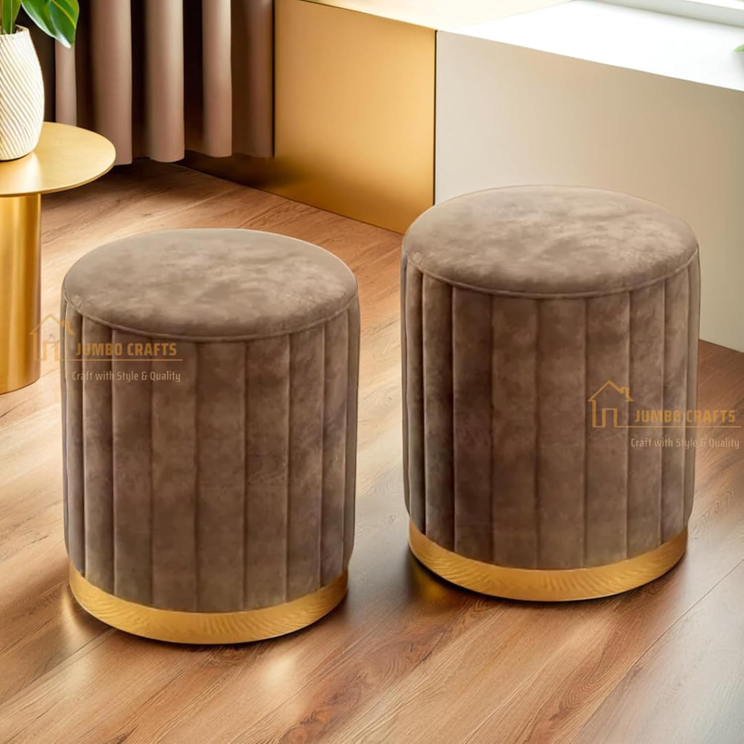 JUMBO CRAFTS Ottoman Pouffes for Sitting | Room Decor - Set of 2 Puffy Stools and Footstools - Ottoman Stool for Living Room Office Furniture Round Stool - Brown-image-7