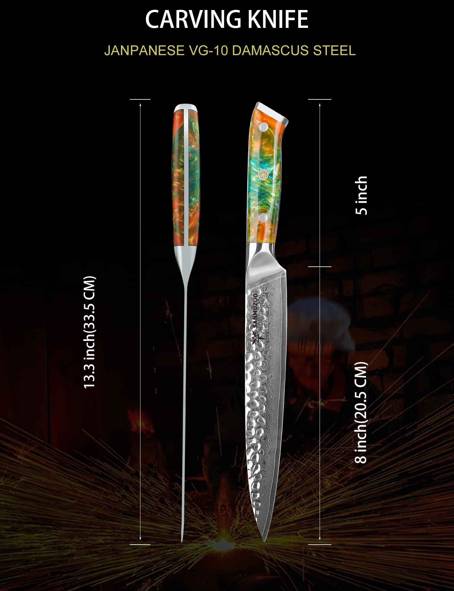 Coltello da intaglio da 20 cm, coltello per affettare la carne, coltello giapponese per sushi - acciaio damasco martellato e manico in resina - Serie YAO