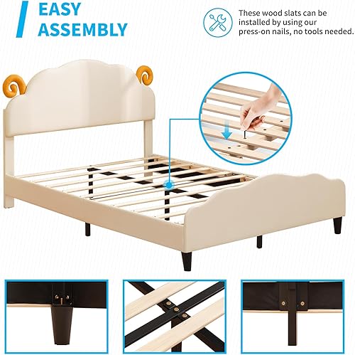 Miniatura 12 de Mjkone Base de cama de tamaño matrimonial para niños, bonita plataforma rosa, cama matrimonial para adolescentes con cabecera tapizada ondulada,