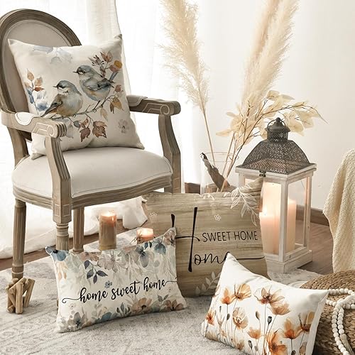 Miniatura 4 de AVOIN colorlife Chinoiserie - Juego de 4 fundas de almohada de flores de amapola Chickadee Spring Home Sweet Home, 18 x 18 pulgadas, otoño, la