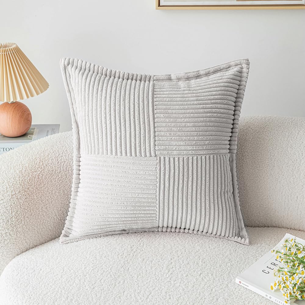 Plancholo Decorative Throw Pillow Cover 18x18 Inch Boho Pillow Cover Broadside Striped Patchwork Soft Corduroy Pillowcase for Couch Sofa Bed, Light Grey