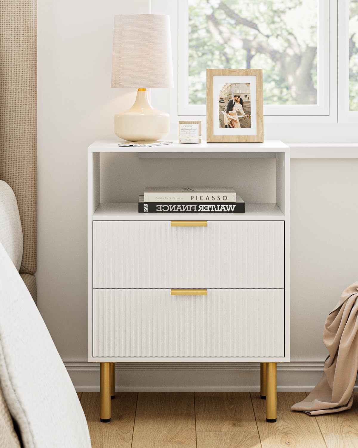 Night Stand,25.7" H Bedside Table with 2-Drawer Shelf,Morden Nightstand with Gold Frame,Fluted Side Table with Gold Frame,End Table for Bedroom,Living Room