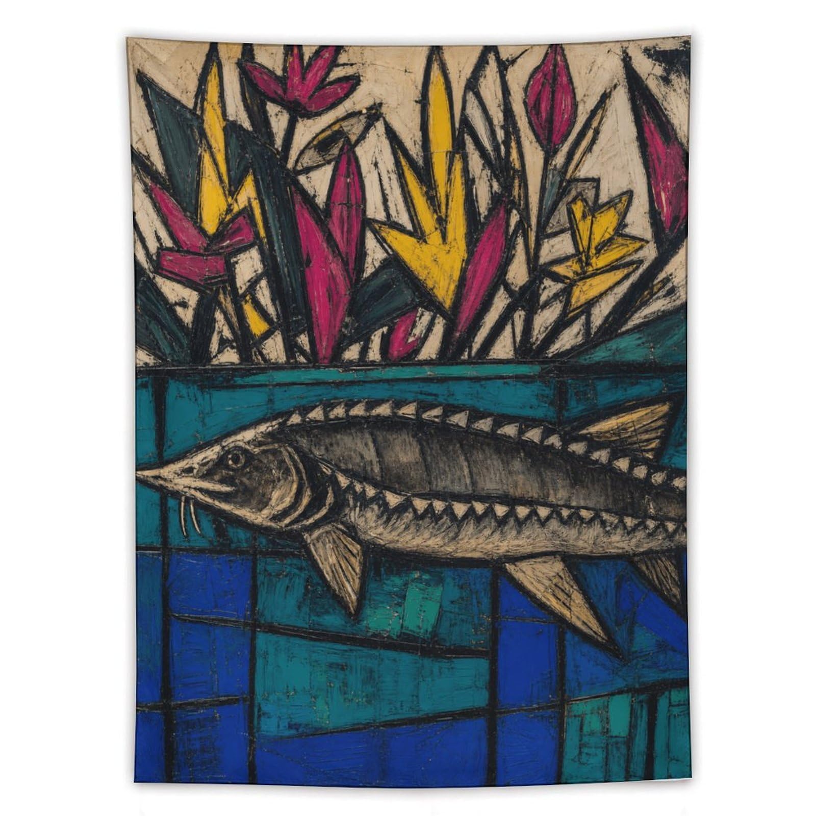 H3B8U2Y5 Stained Glass Sturgeon Wall Tapestry, Mosaic Style, Backdrop