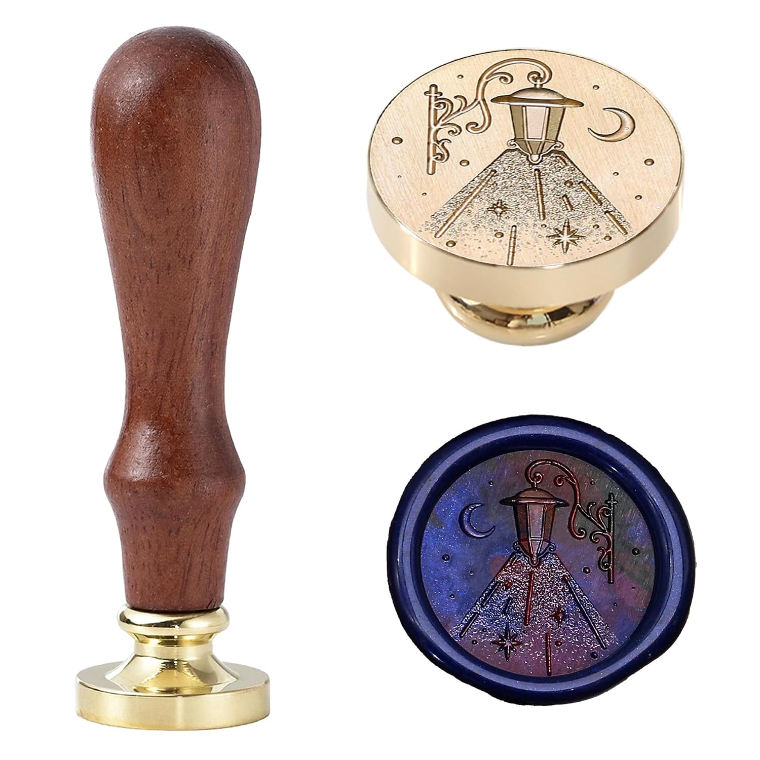 Street Lamp Wax Seal Stamp, Crescent Moon & Retro Lantern Design with Radiating Star Beams, Romantic Night Scene Wax Stamp