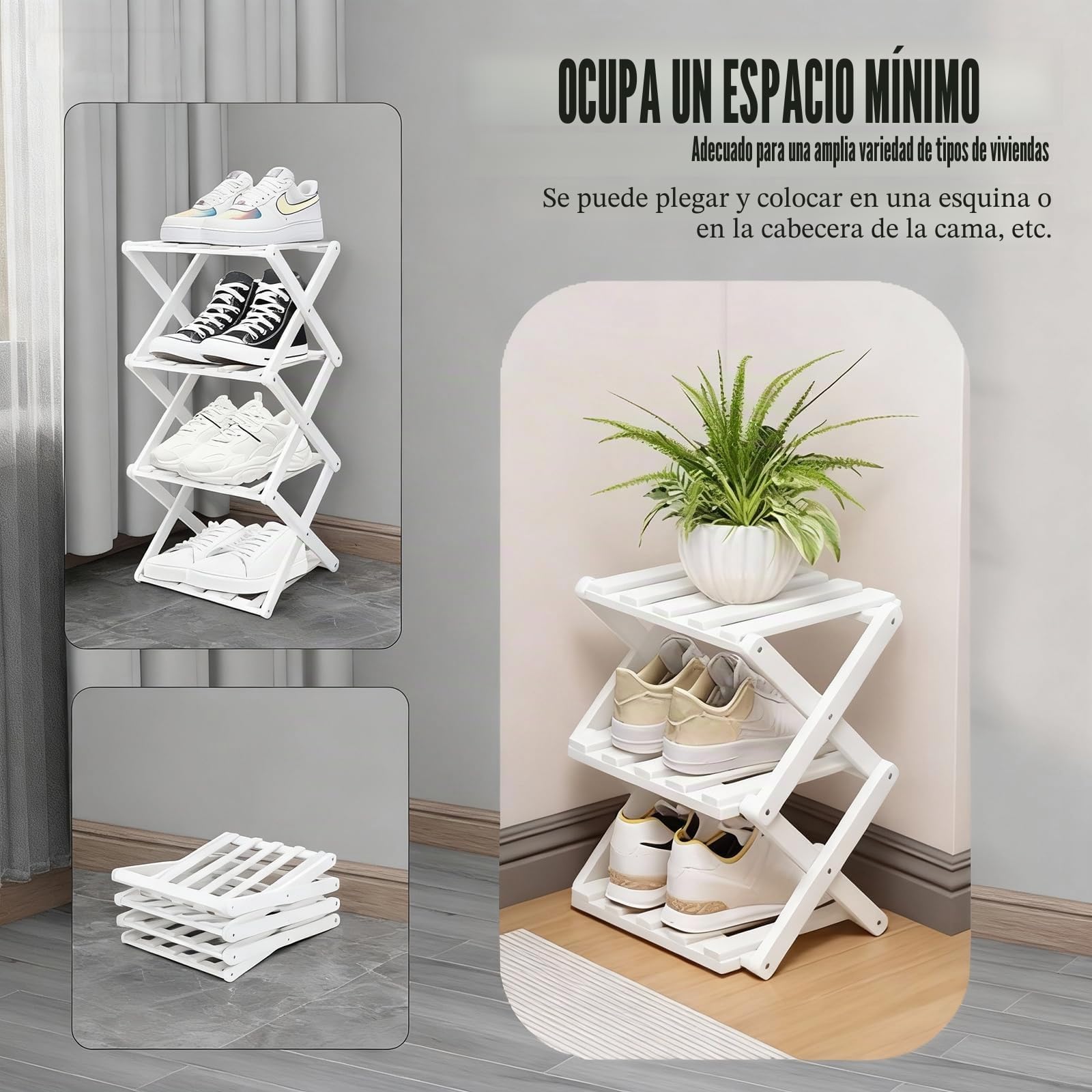 Zapatero pequeño Blanco, Organizador de Zapatos Plegable de bambú de 3 Niveles, Estante Independiente para Entrada, Dormitorio, Armario, Sala de Estar, no Requiere instalación (White, 3 Tier)
