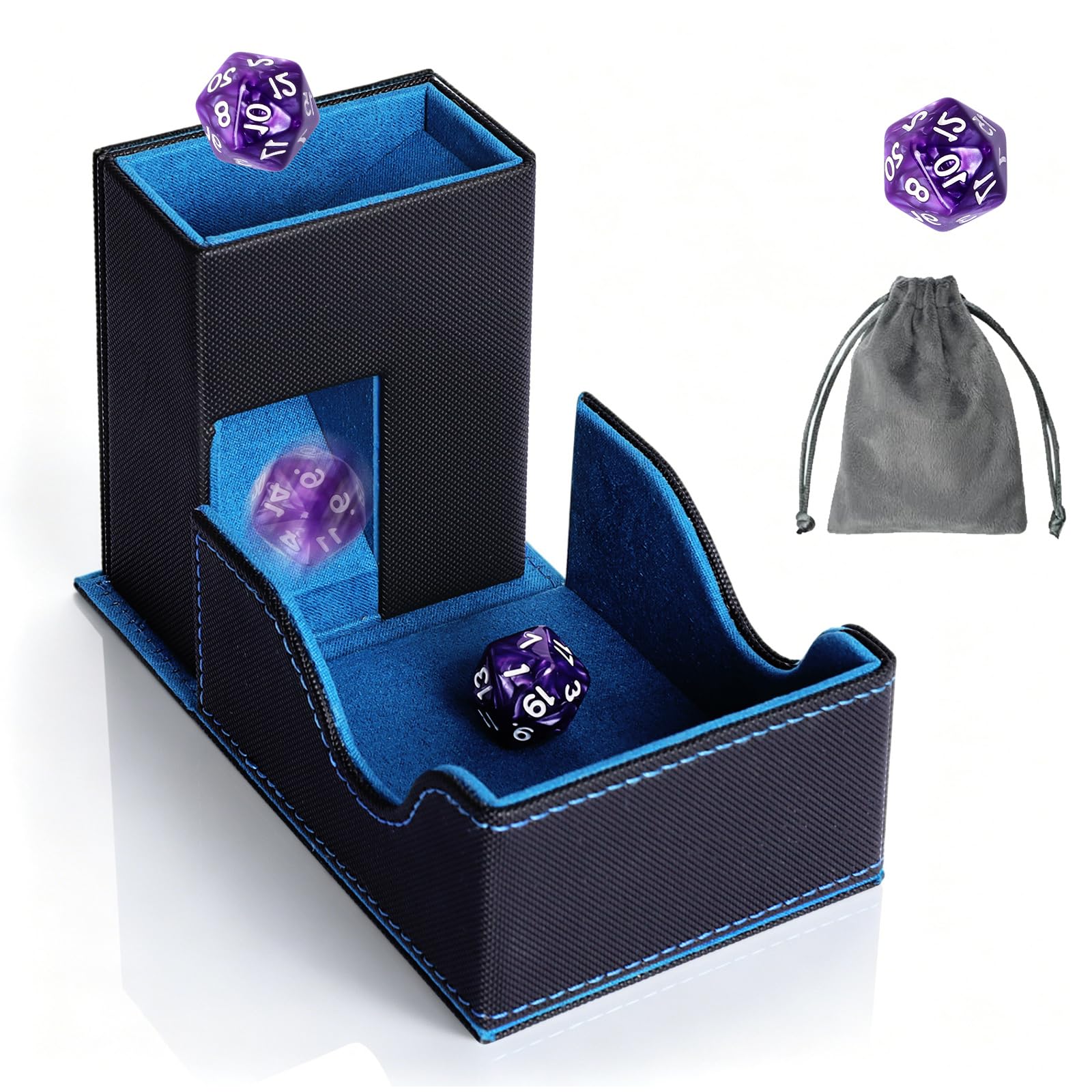 Wieża Kostkowa 3 w 1 i Pudełko na Kostki, Składana Magnetyczna Taca do Kostek, Akcesoria do Gry Planszowej Dungeons & Dragons, Magic The Gathering, Skóra PU, Czarny i Niebieski
