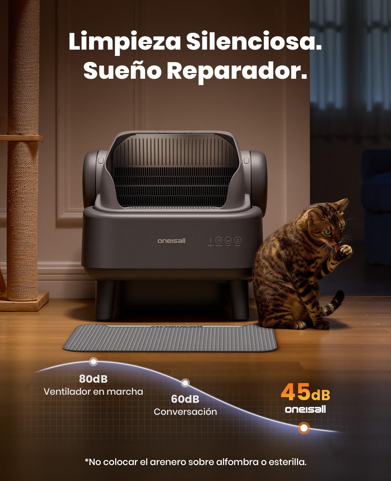 oneisall Arenero para gatos autolimpiante con sistema EaseClean™, arena autolimpiante para gatos XXL para gatos grandes, rejilla de acero inoxidable, modo automático y manual, incluye alfombrilla y 40