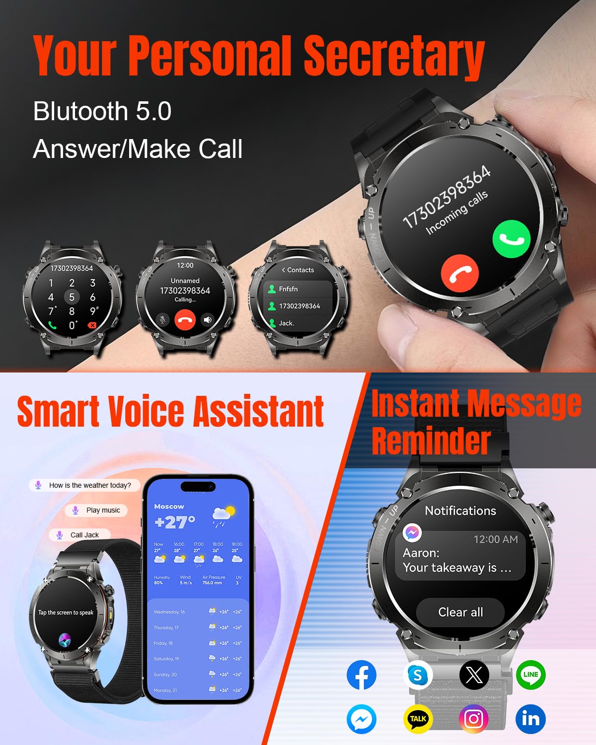 TERRAX Smartwatch Uomo - GPS, Touchscreen 1.43", Monitor Frequenza Cardiaca, SpO2, Tracciamento Sonno, Contapassi, Chiamate Bluetooth, Impermeabile IP69, 170+ Modalità Sportive